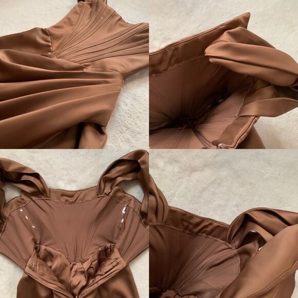 HOUSE OF CB Loretta Brown Toffee Satin Off Shoulder Corset Bustier Drape Dress - Picture 11 of 15